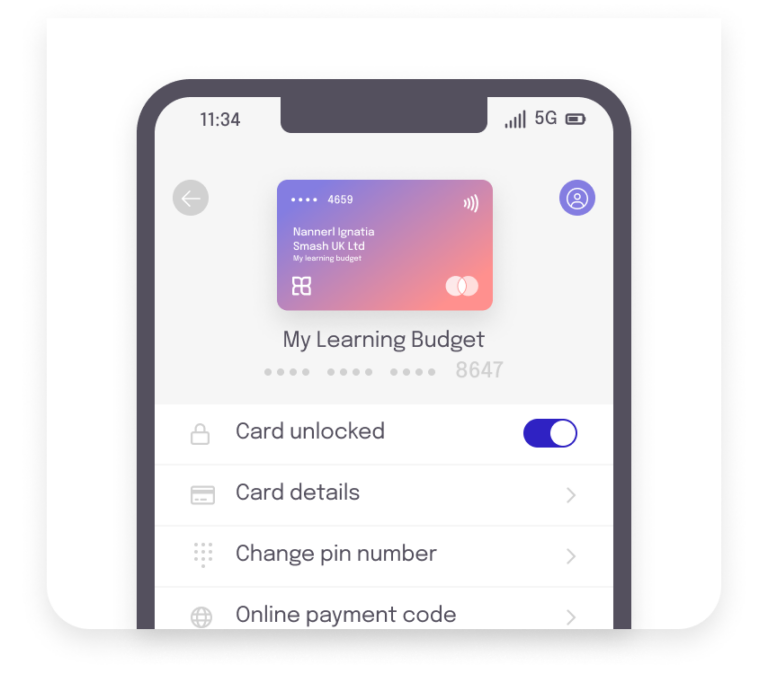 Simplified UI illustration: representation of a mobile phone screen with a payment card labelled "my learning budget" shown as "card unlocked" overall indicating the ability to view and manage assigned payment cards via self-service