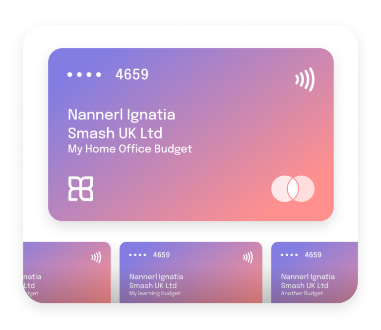 Simplified UI illustration: representation of a virtual payment card labelled "my home office budget" with multiple smaller card thumbnails underneath indicating "my learning budget", etc