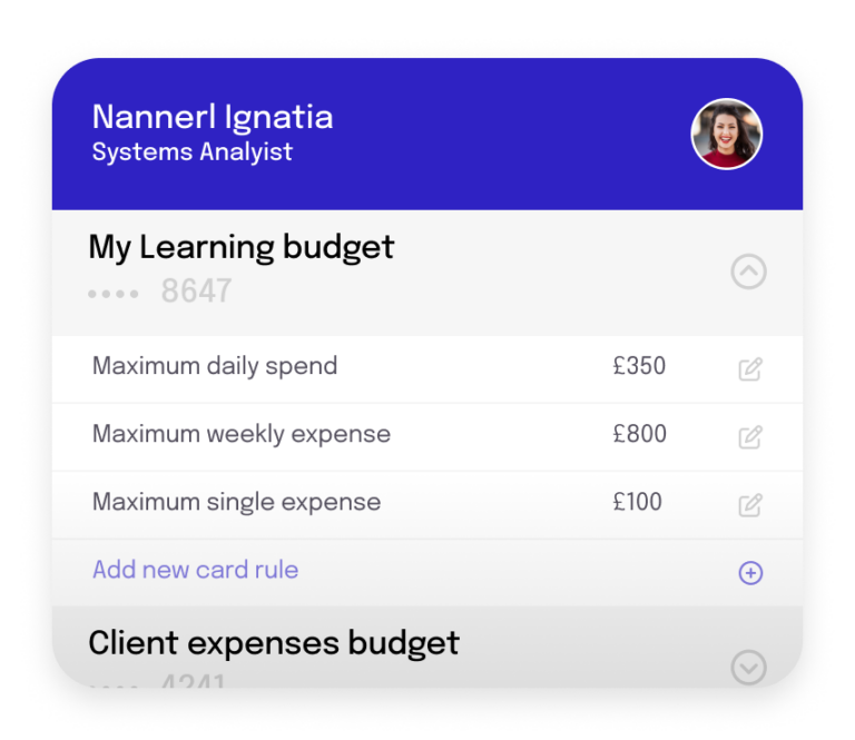 Simplified UI illustration: view a user might have of "my learning budget" showing maximum daily spend and other limits, with the hint that in admin mode these limits could be editable per person