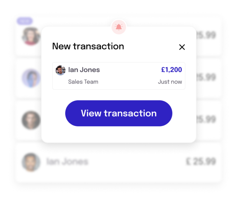 Simplified UI illustration: representation of a notification about a new transaction by someone in the sales team with a button saying "view transaction"