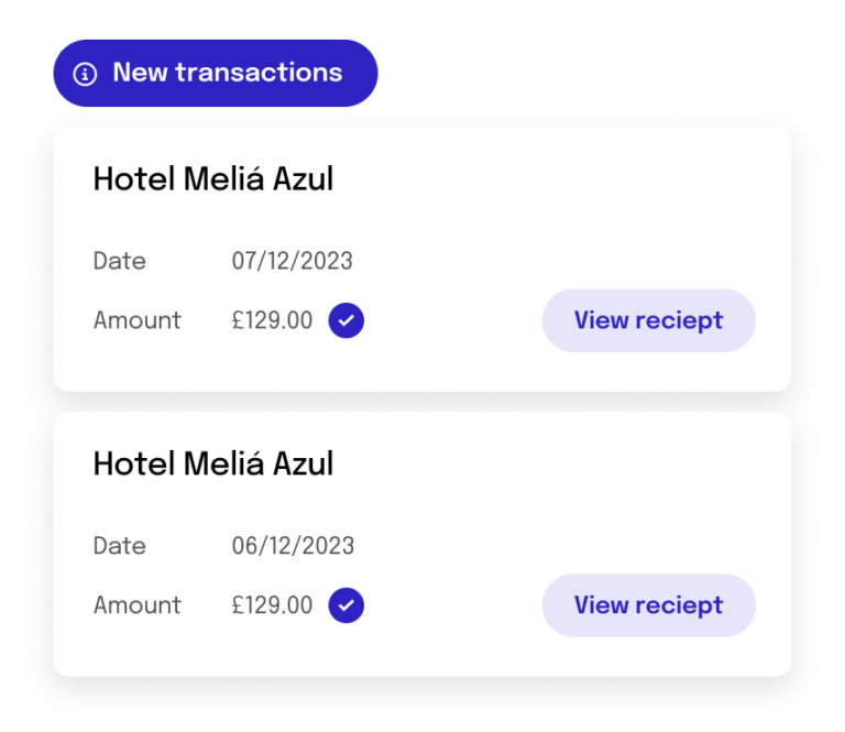 Simplified UI illustration: representation of two recent transactions with a button "view receipt" complete with a typical graphic designer spelling mistake
