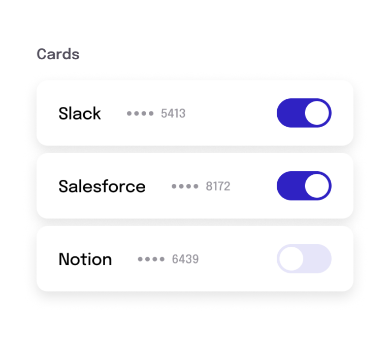Simplified UI illustration: list of SaaS names like slack, salesforce, notion with toggle buttons showing an assigned virtual payment card is enabled for that subscription
