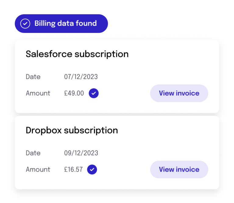 Simplified UI illustration: two accounting entries for software subscriptions showing a callout "billing data found"