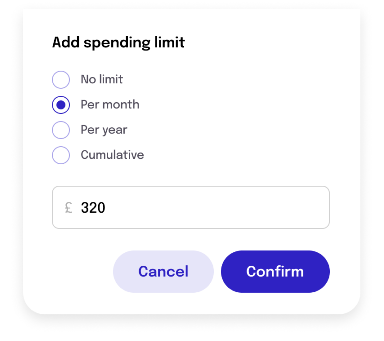 Simplified UI illustration: "add spending limit" with options on radio buttons like "no limit", "per month", "cumulative" and an input field for the money value