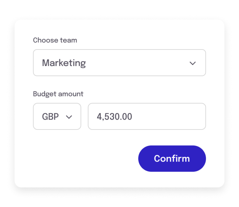 Simplified UI illustration: allocation of budget with a team dropdown, currency, amount, and confirm button